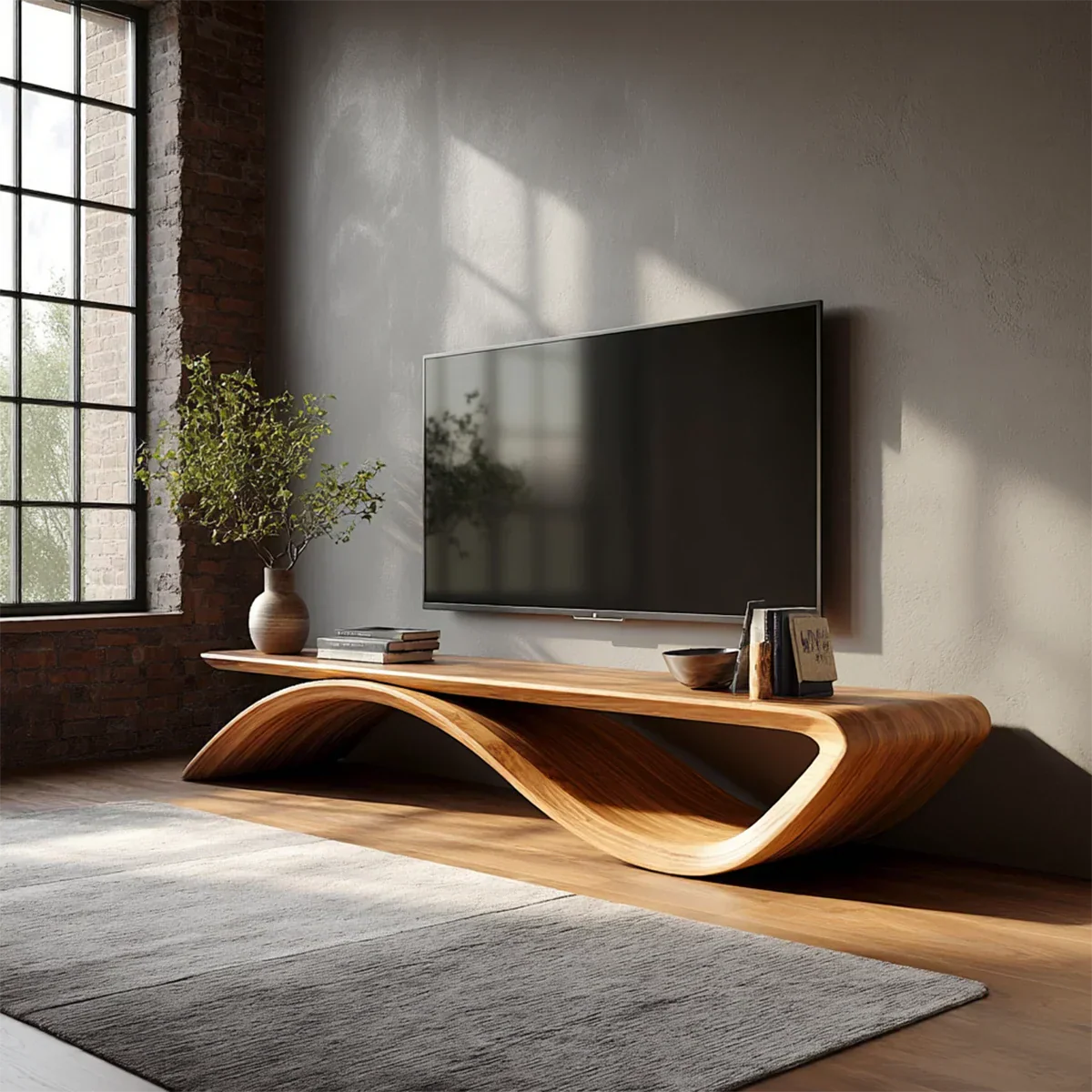 Sculptural Wave Natural Solid Wood TV Stand with Open Base Design - Rustiracraft