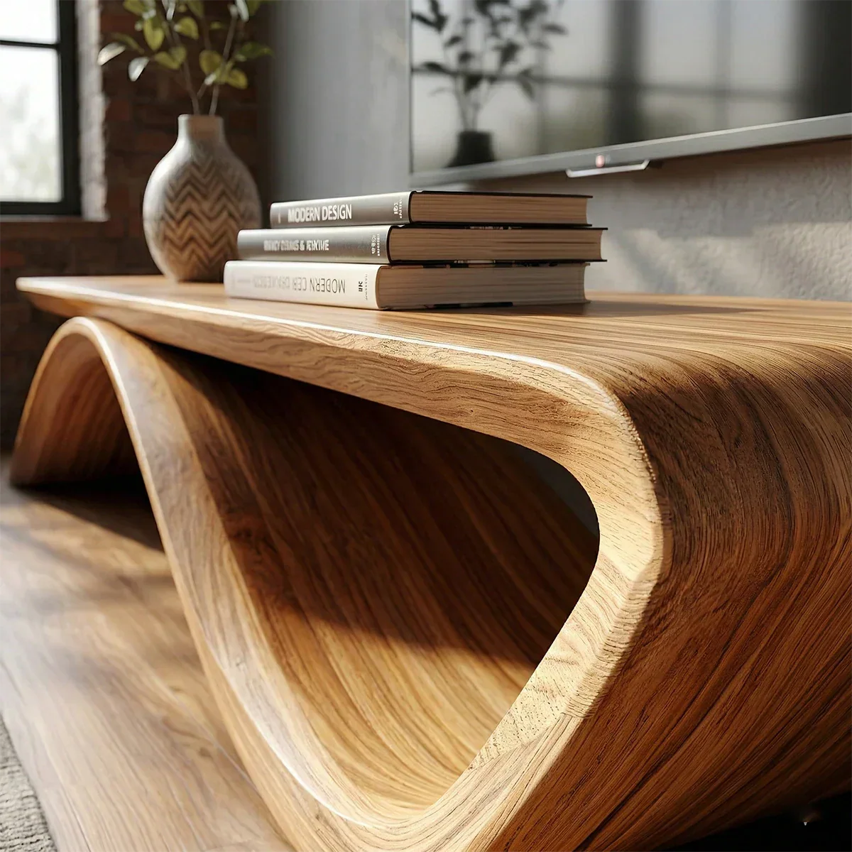 Sculptural Wave Natural Solid Wood TV Stand with Open Base Design - Rustiracraft