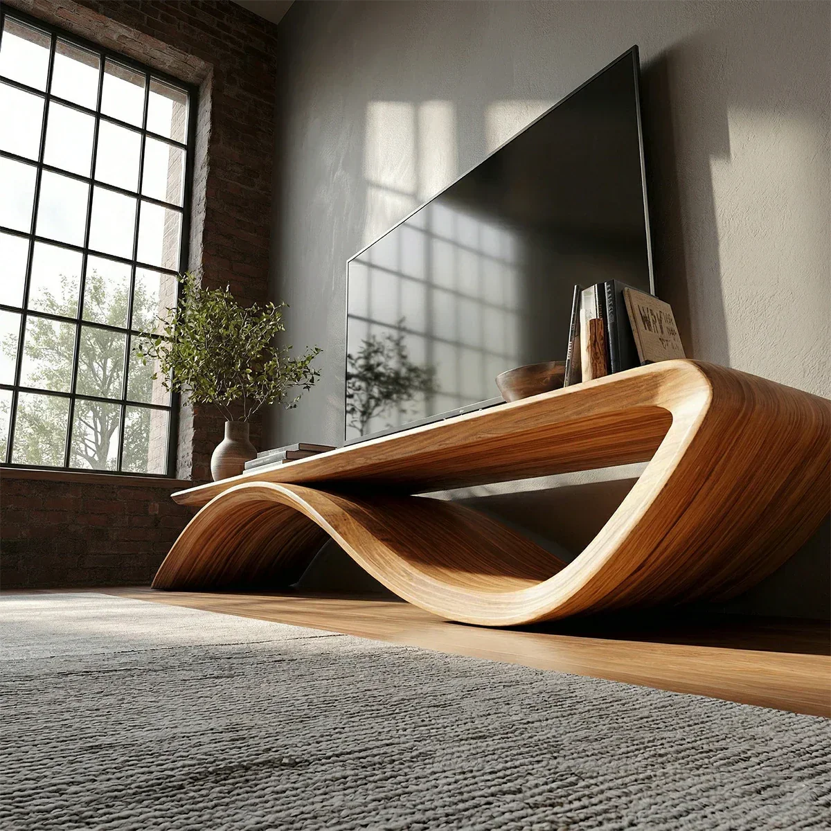 Sculptural Wave Natural Solid Wood TV Stand with Open Base Design - Rustiracraft