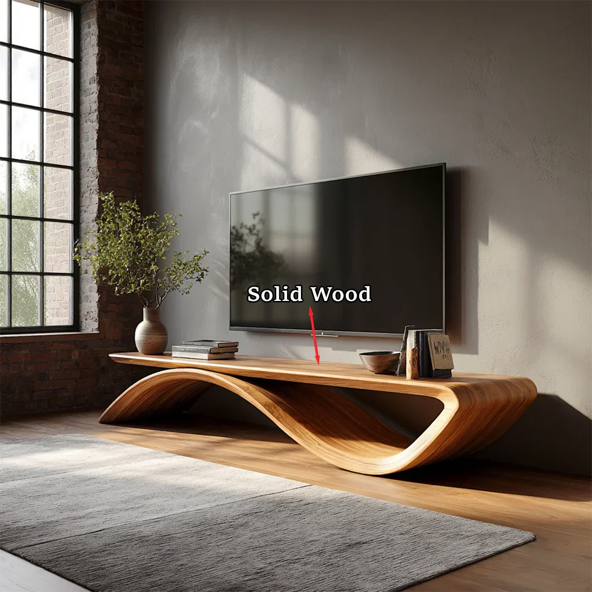 Sculptural Wave Natural Solid Wood TV Stand with Open Base Design - Rustiracraft