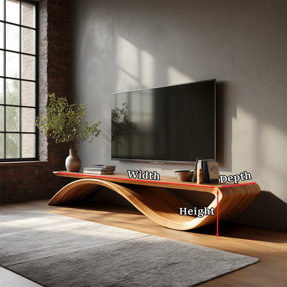 Sculptural Wave Natural Solid Wood TV Stand with Open Base Design - Rustiracraft