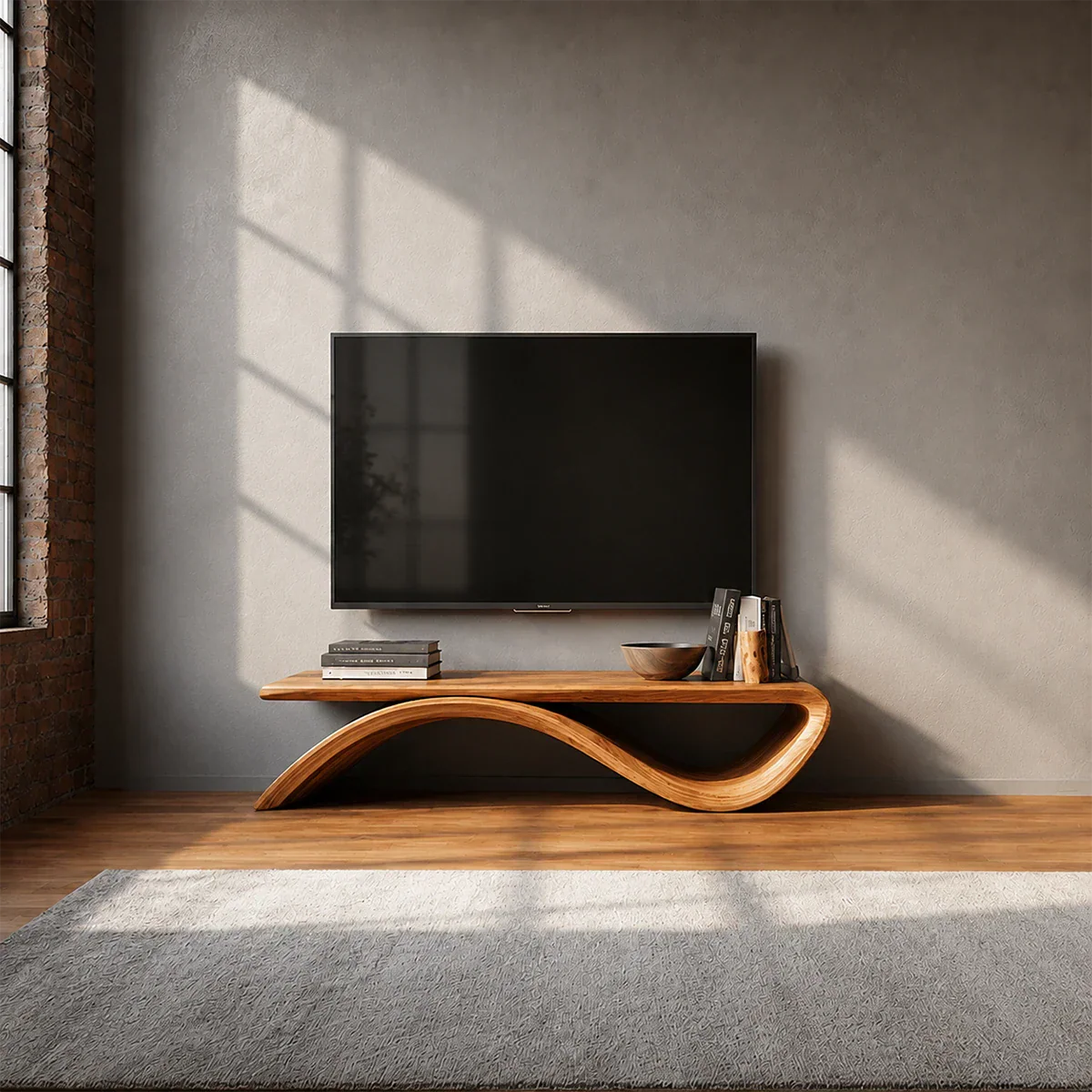 Sculptural Wave Natural Solid Wood TV Stand with Open Base Design - Rustiracraft