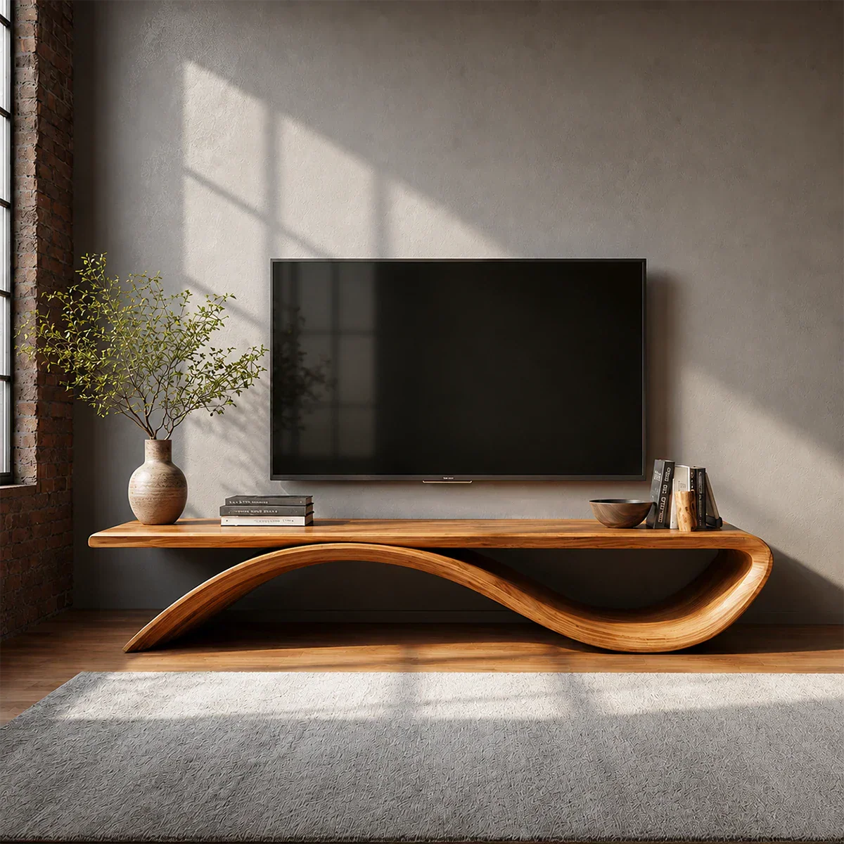 Sculptural Wave Natural Solid Wood TV Stand with Open Base Design - Rustiracraft