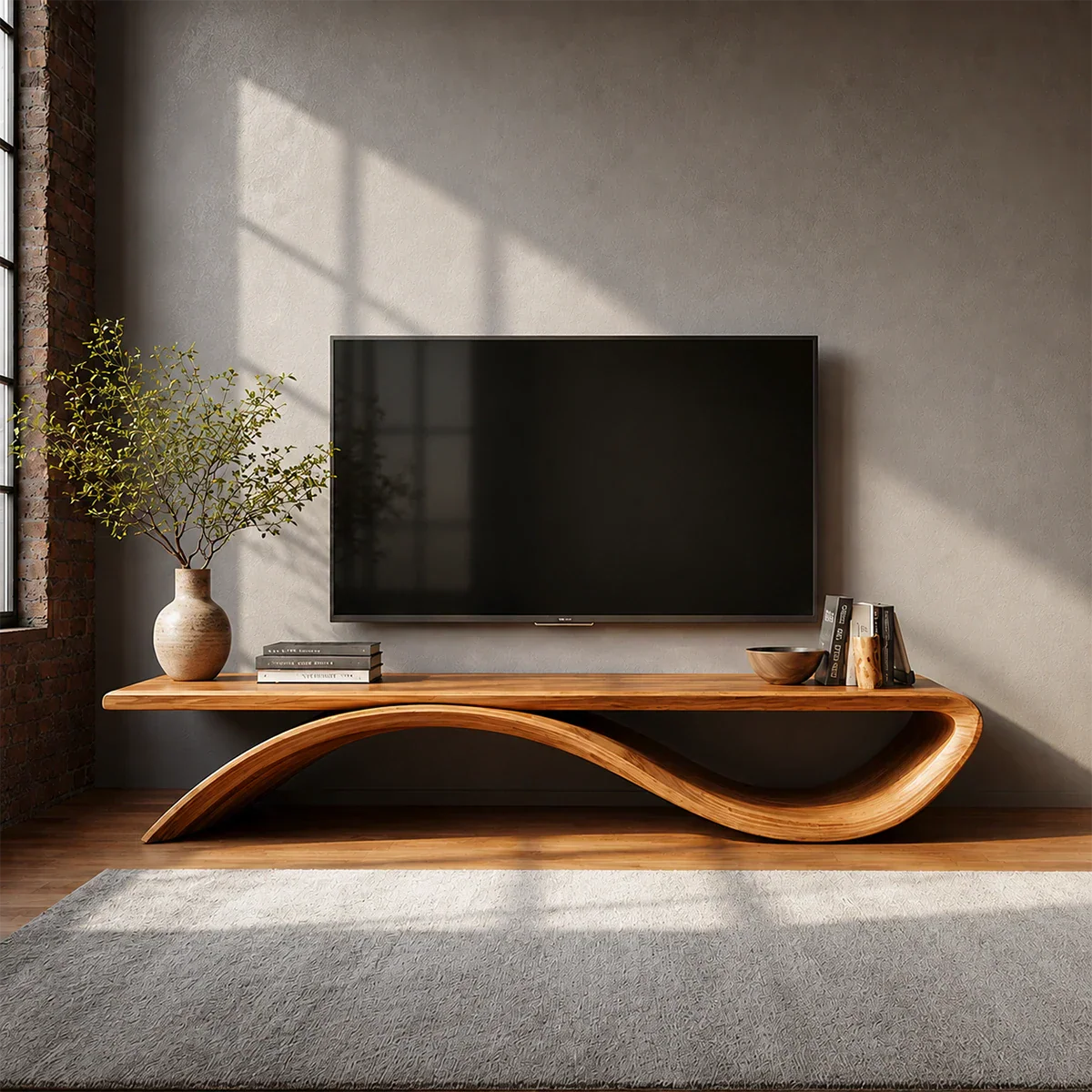Sculptural Wave Natural Solid Wood TV Stand with Open Base Design - Rustiracraft