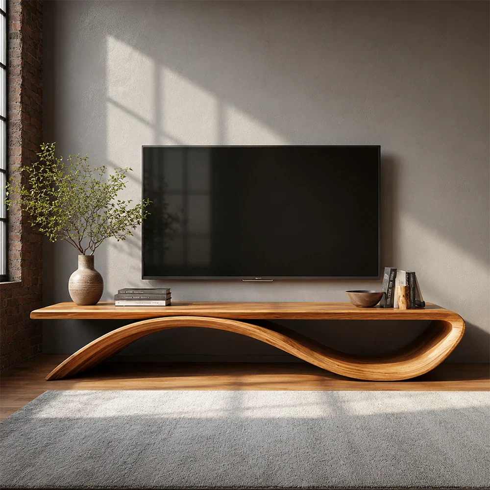 Sculptural Wave Natural Solid Wood TV Stand with Open Base Design - Rustiracraft