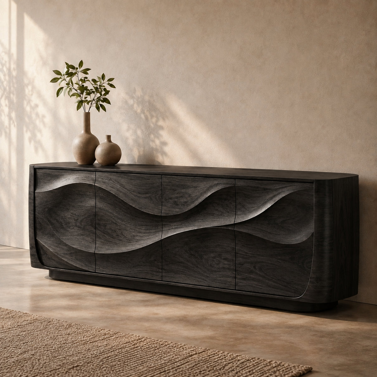 Sideboard in Natural Solid Wood with Wave-Carved Cabinet Doors - Rustiracraft