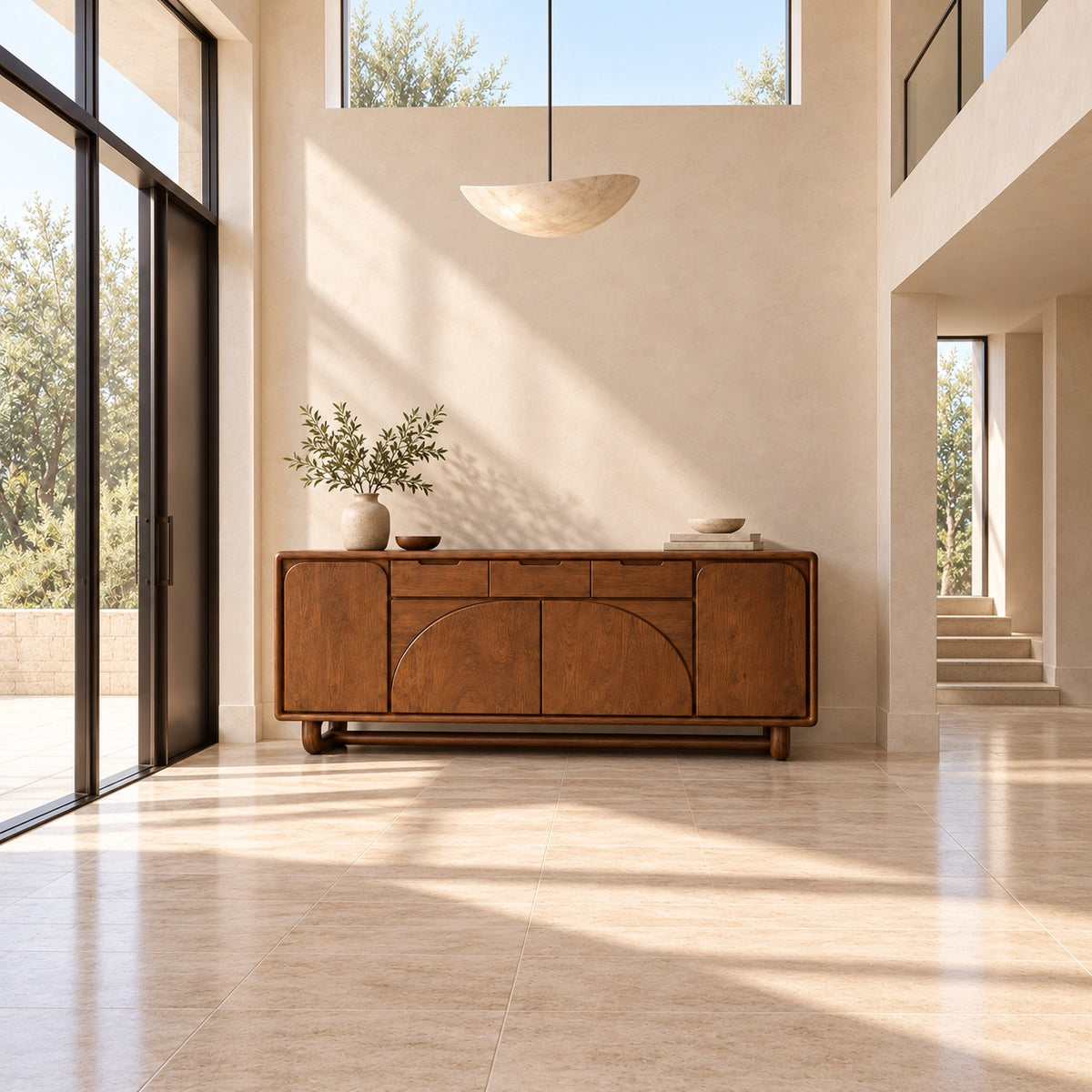 Sideboard with Arched Panel Doors and Upper Drawers in Natural Solid Wood - Rustiracraft