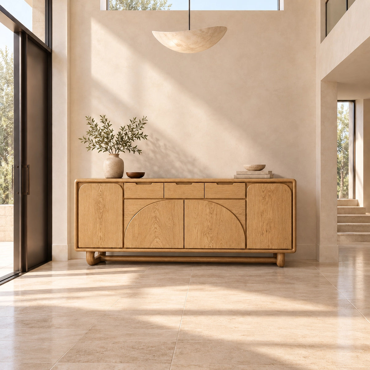 Sideboard with Arched Panel Doors and Upper Drawers in Natural Solid Wood - Rustiracraft