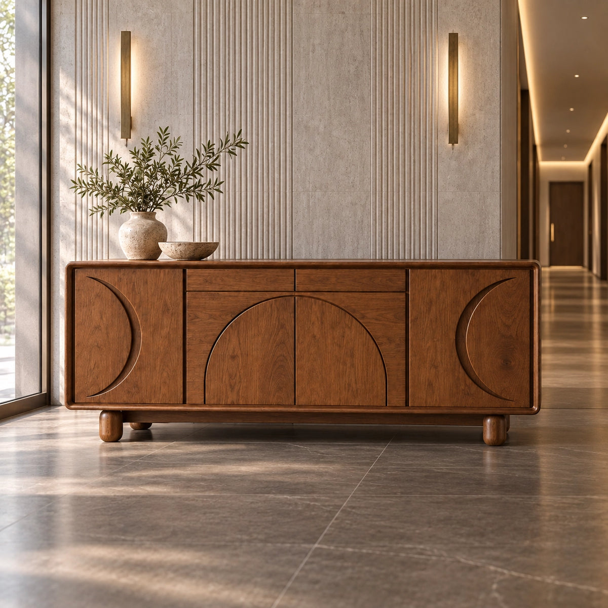 Sideboard with Curved Arc-Carved Doors in Natural Solid Wood Storage - Rustiracraft