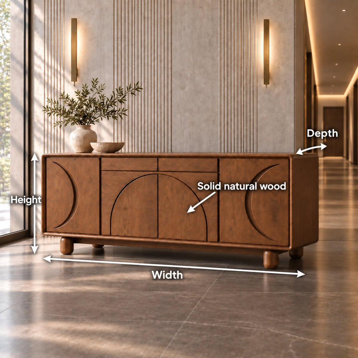 Sideboard with Curved Arc-Carved Doors in Natural Solid Wood Storage - Rustiracraft