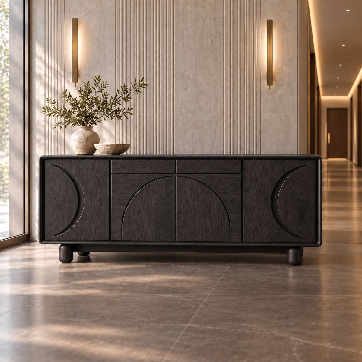 Sideboard with Curved Arc-Carved Doors in Natural Solid Wood Storage - Rustiracraft