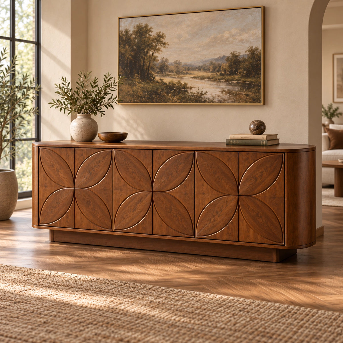 Sideboard with Leaf-Carved Cabinet Doors in Natural Solid Wood Storage - Rustiracraft