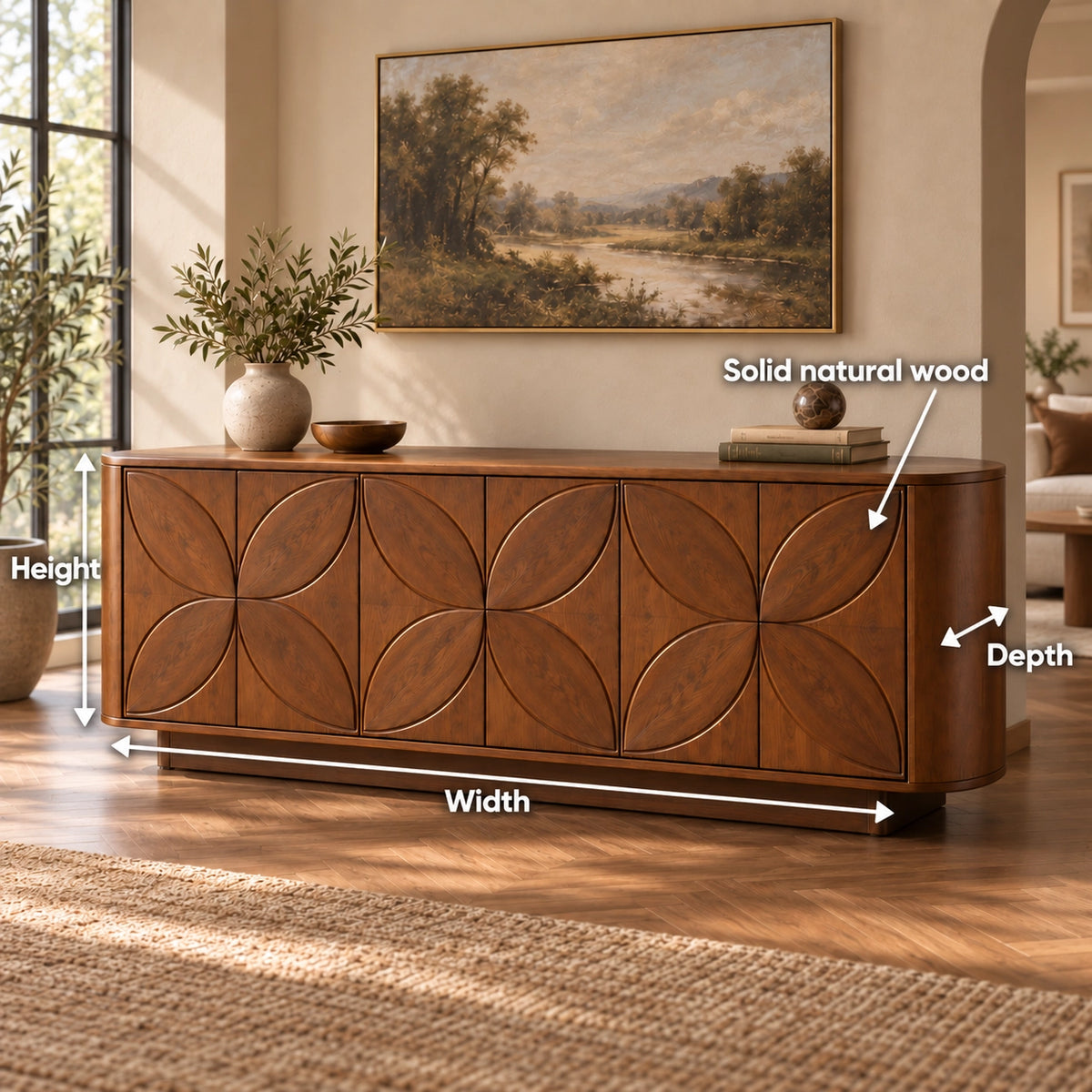 Sideboard with Leaf-Carved Cabinet Doors in Natural Solid Wood Storage - Rustiracraft