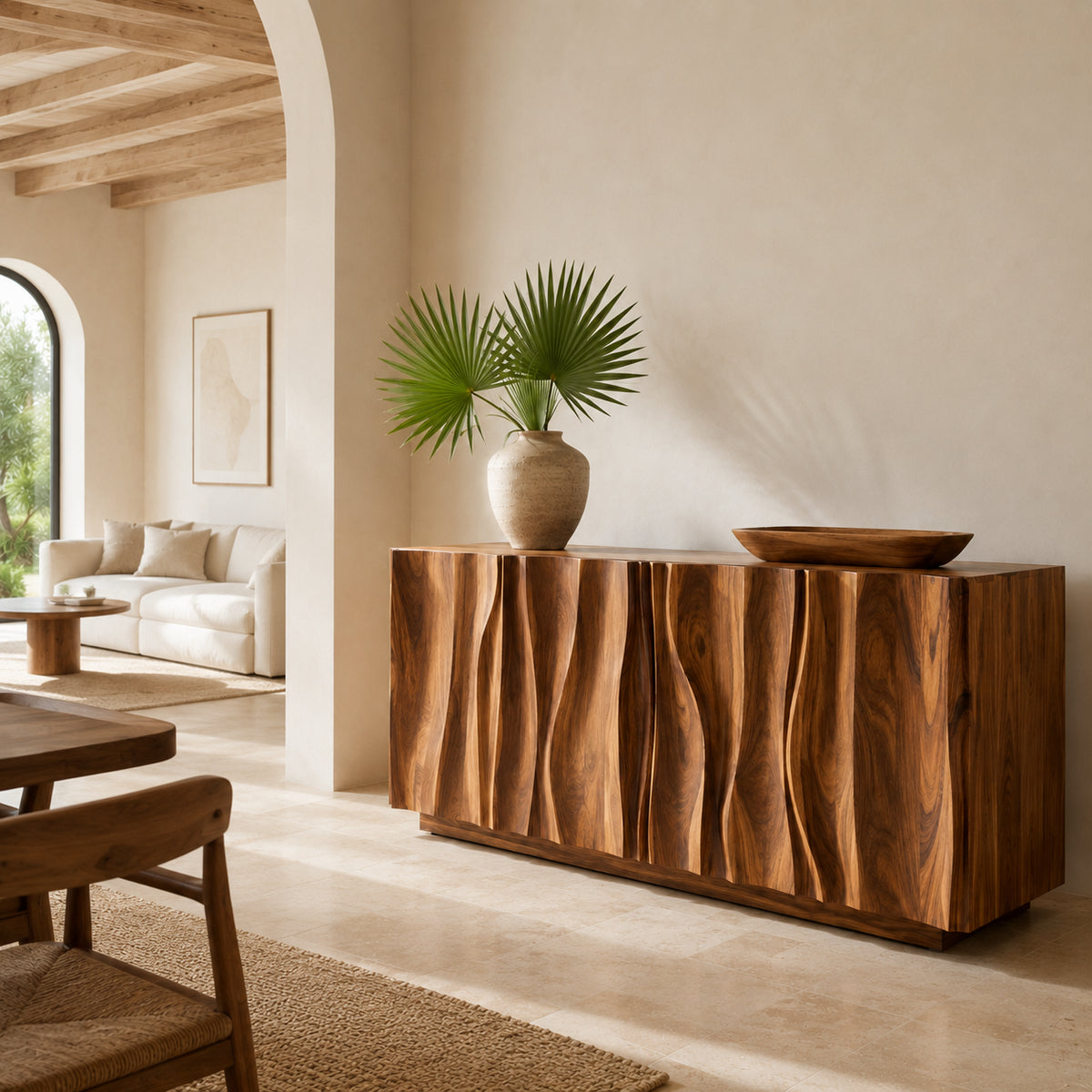 Sideboard with Two Hinged Doors and Wave-Carved Front in Solid Wood - Rustiracraft