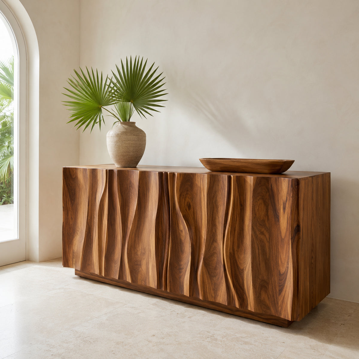 Sideboard with Two Hinged Doors and Wave-Carved Front in Solid Wood - Rustiracraft