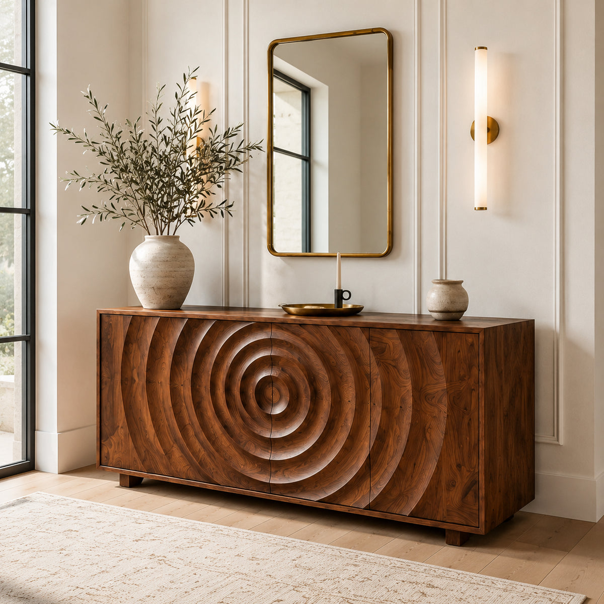 Sideboards with Concentric Carved Doors in Natural Solid Wood - Rustiracraft
