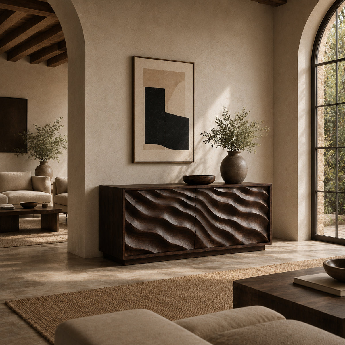 Sideboards with Wave-Carved Doors in Natural Solid Wood Storage - Rustiracraft