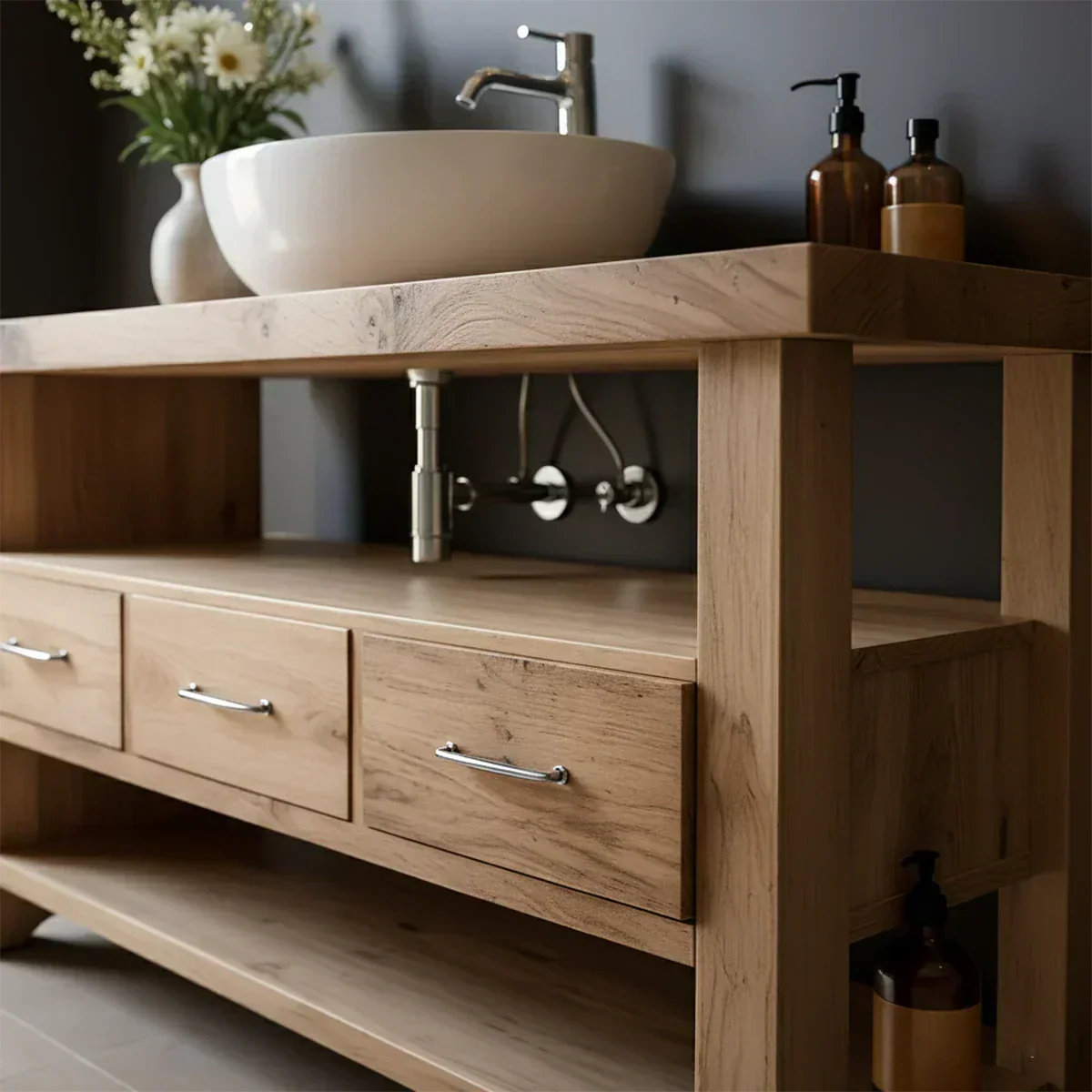 Single Sink Solid Wood Bathroom Vanity – Japandi Minimalist Design - Rustiracraft