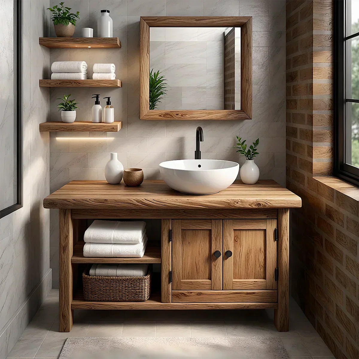 Solid Oak Bathroom Vanity – Natural Wood Cabinet with Open Shelf - Rustiracraft