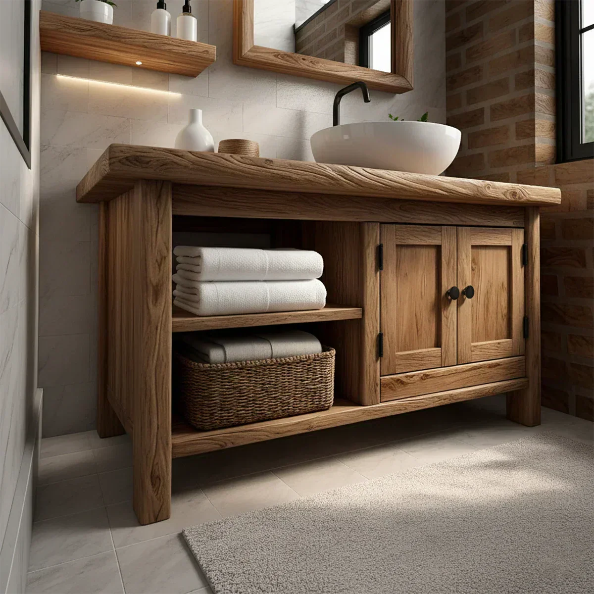 Solid Oak Bathroom Vanity – Natural Wood Cabinet with Open Shelf - Rustiracraft
