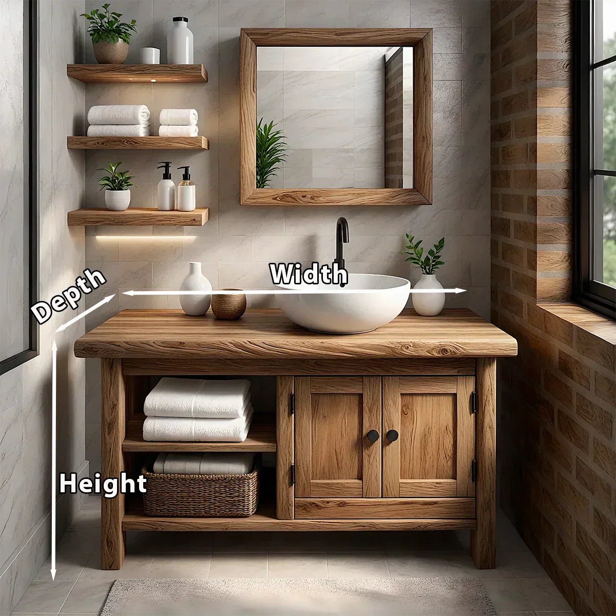 Solid Oak Bathroom Vanity – Natural Wood Cabinet with Open Shelf - Rustiracraft
