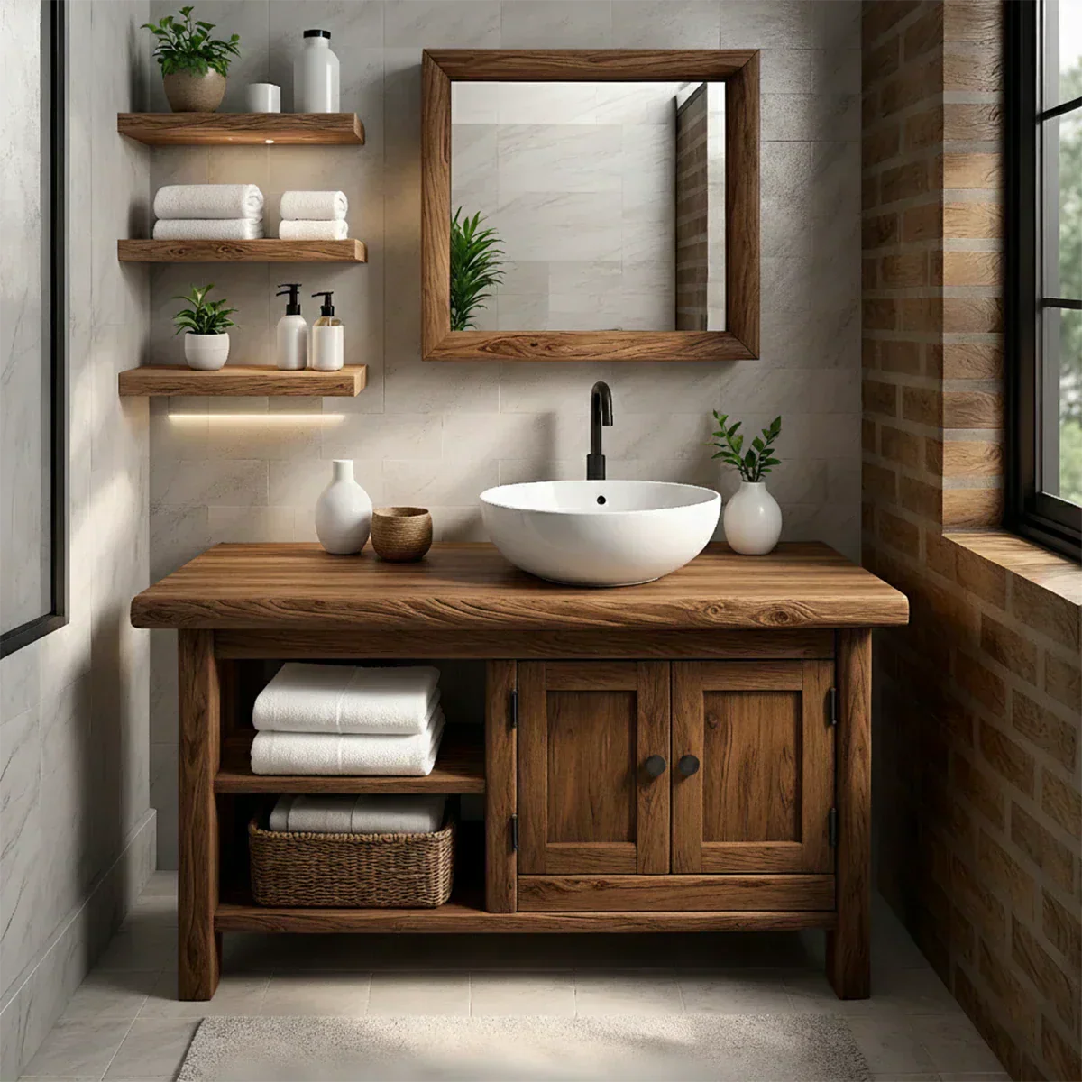Solid Oak Bathroom Vanity – Natural Wood Cabinet with Open Shelf - Rustiracraft