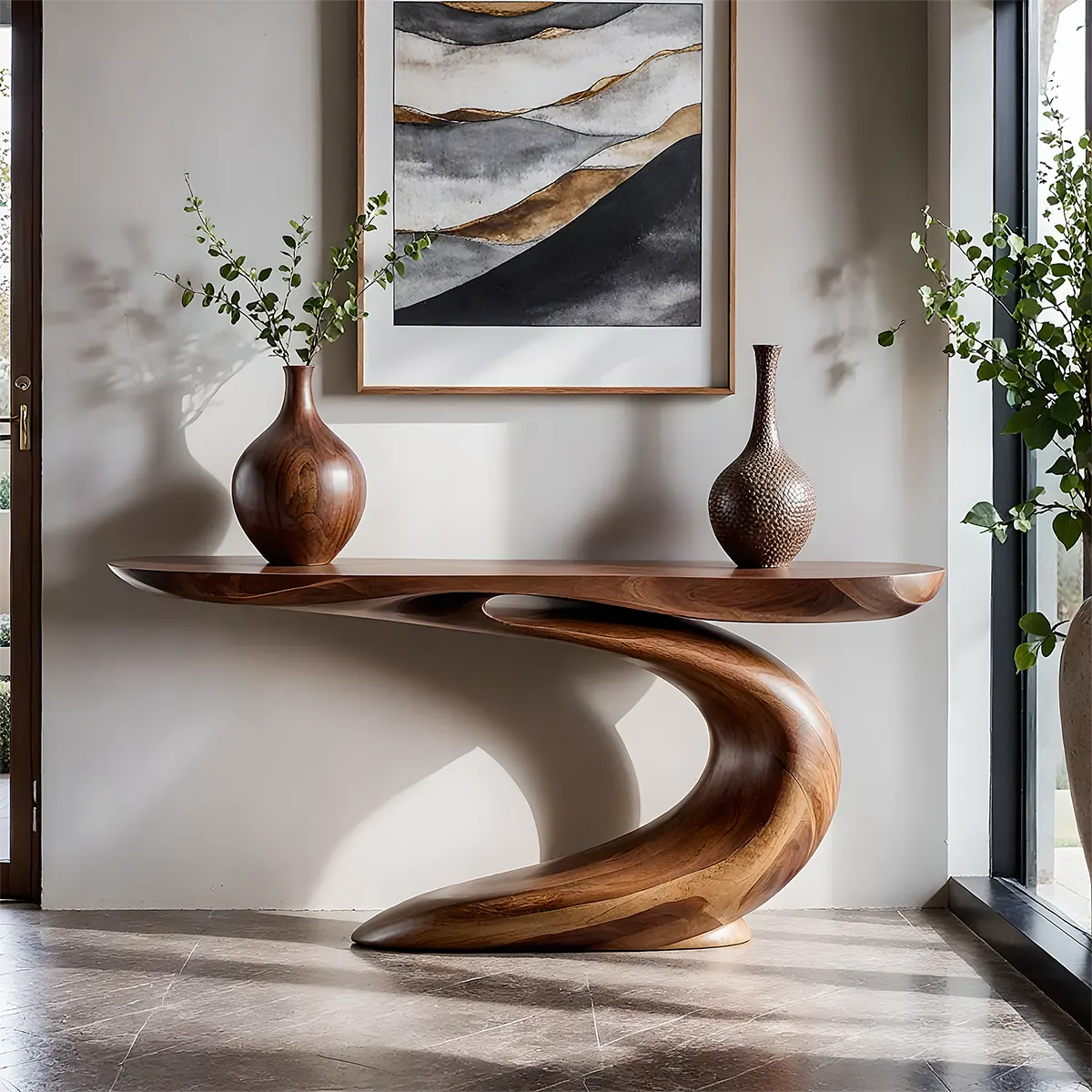Solid Walnut Wave Console Table – Modern Sculptural Design - Rustiracraft