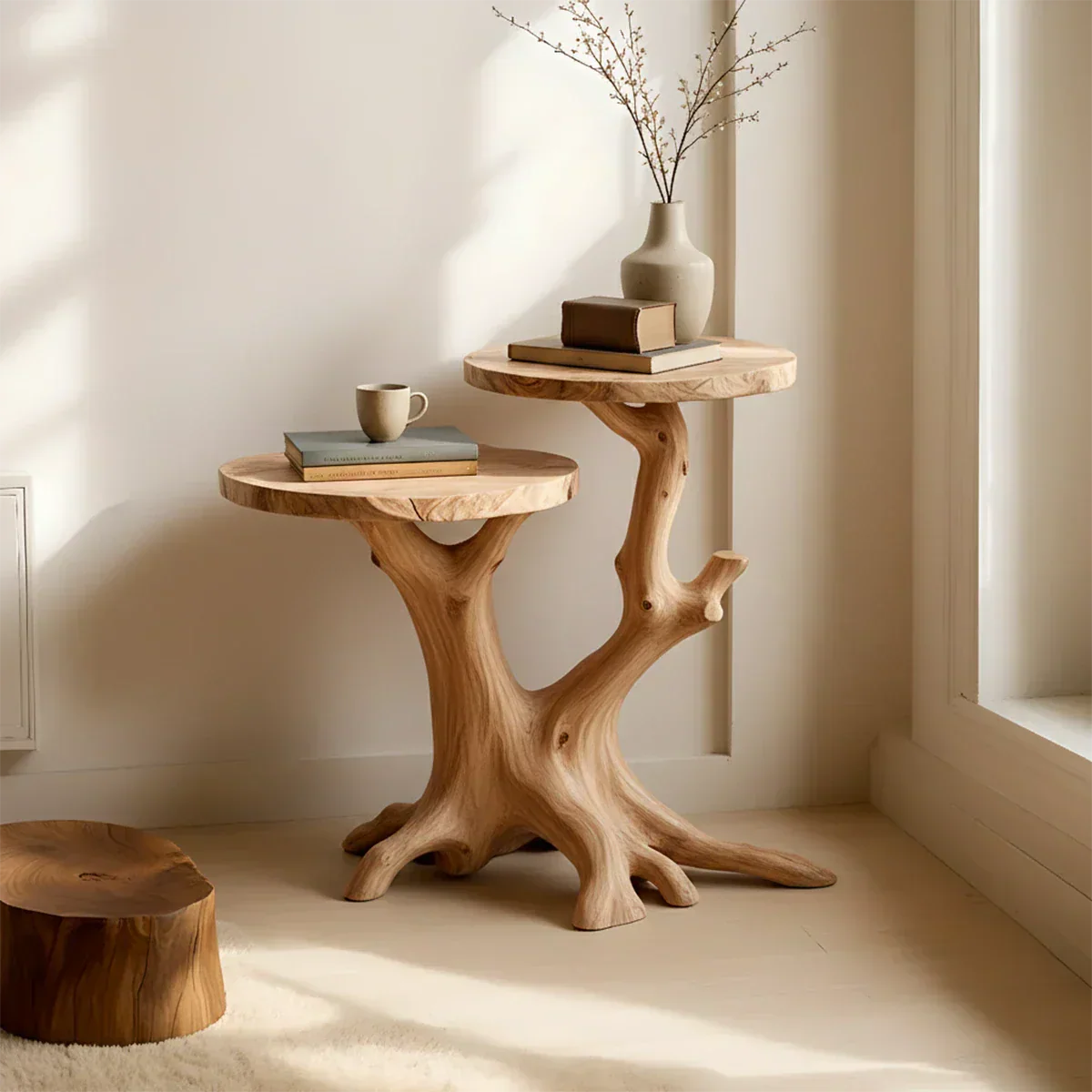 Solid Wood Accent Table – Modern Sculptural Branchform Twin Design - Rustiracraft