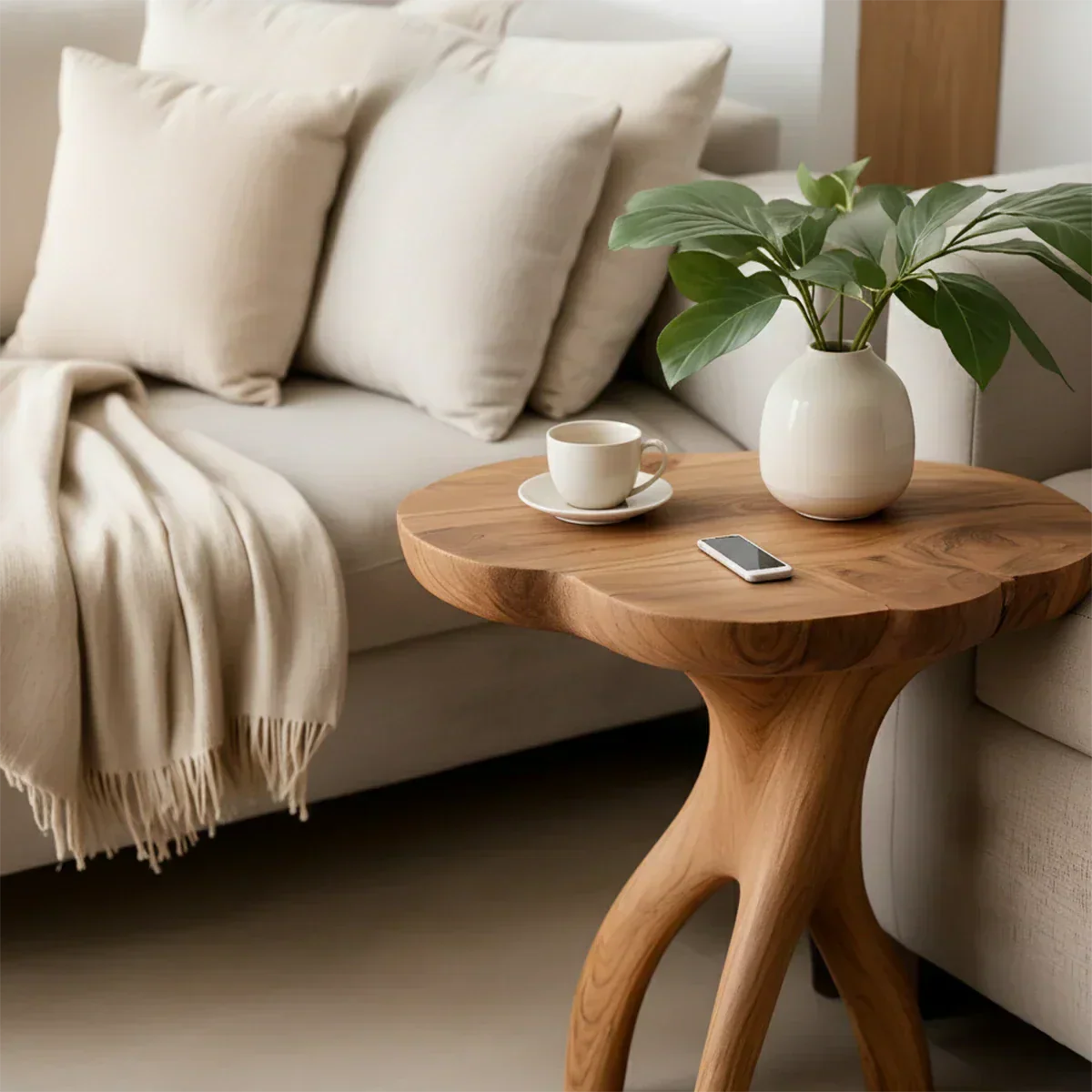 Solid Wood Accent Table – Modern Sculptural Tri-Branch Design - Rustiracraft