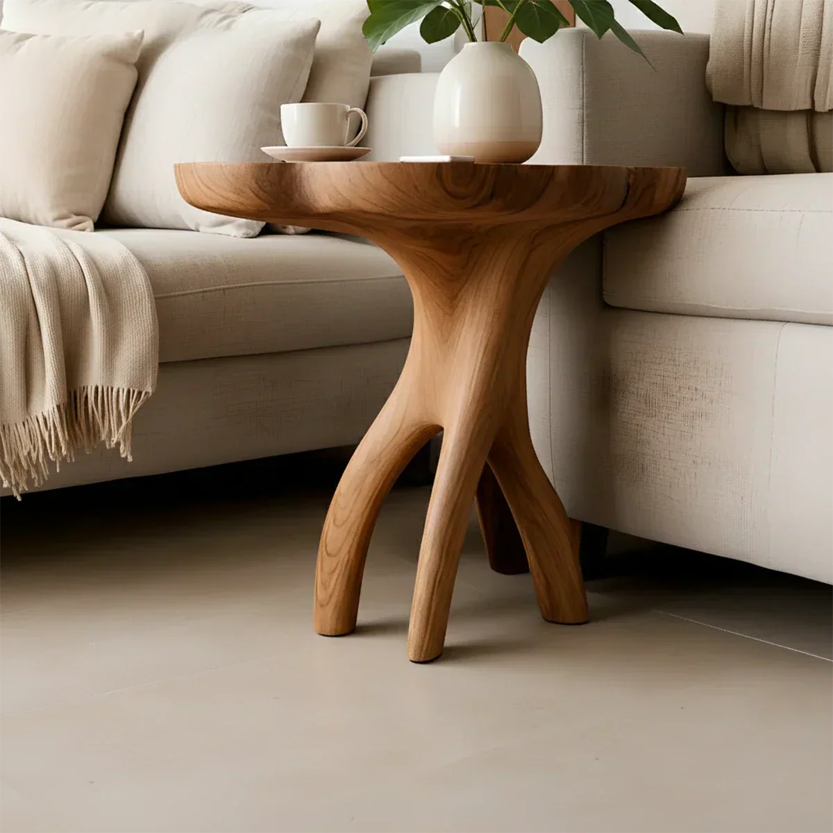 Solid Wood Accent Table – Modern Sculptural Tri-Branch Design - Rustiracraft