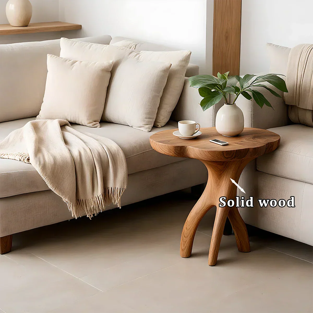 Solid Wood Accent Table – Modern Sculptural Tri-Branch Design - Rustiracraft