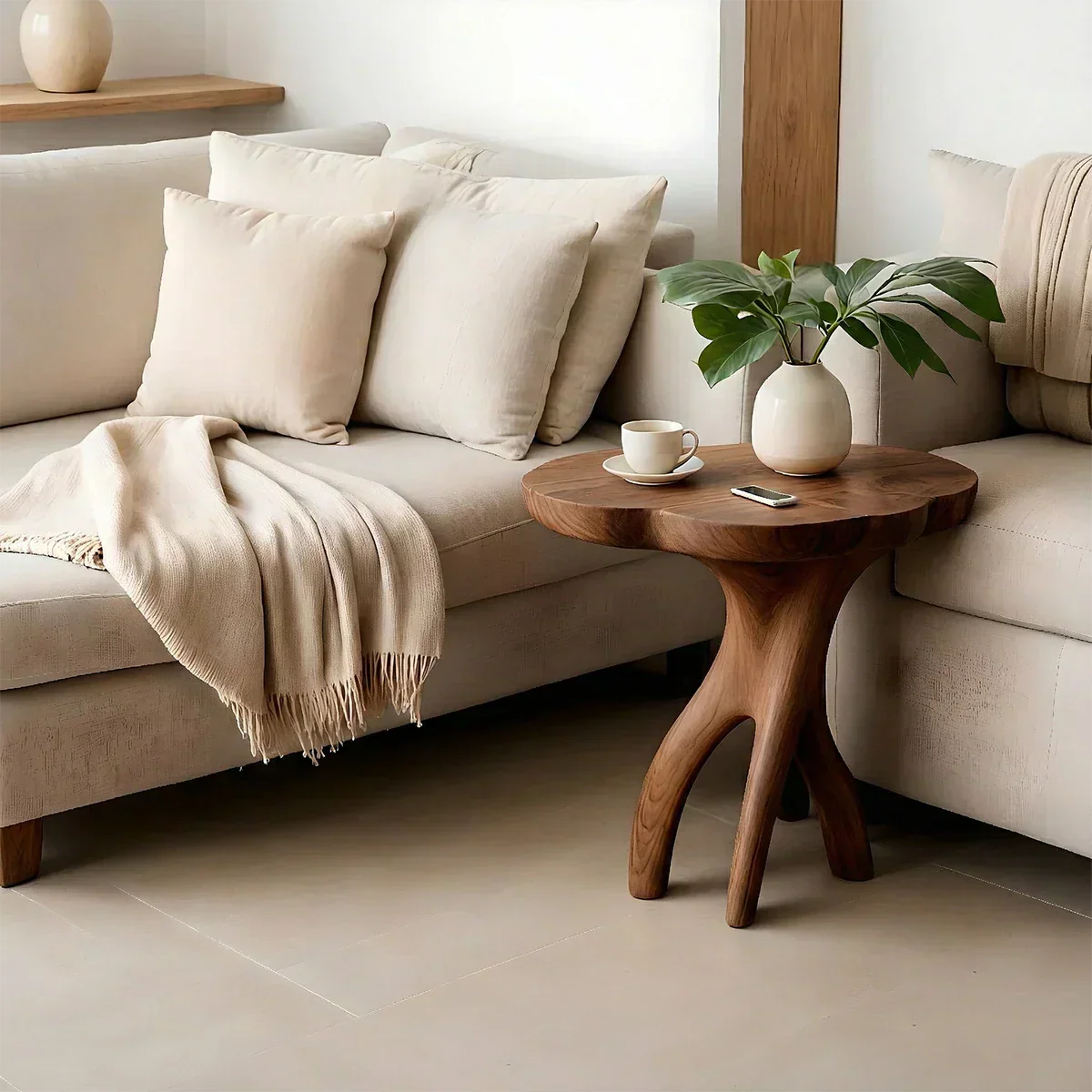 Solid Wood Accent Table – Modern Sculptural Tri-Branch Design - Rustiracraft