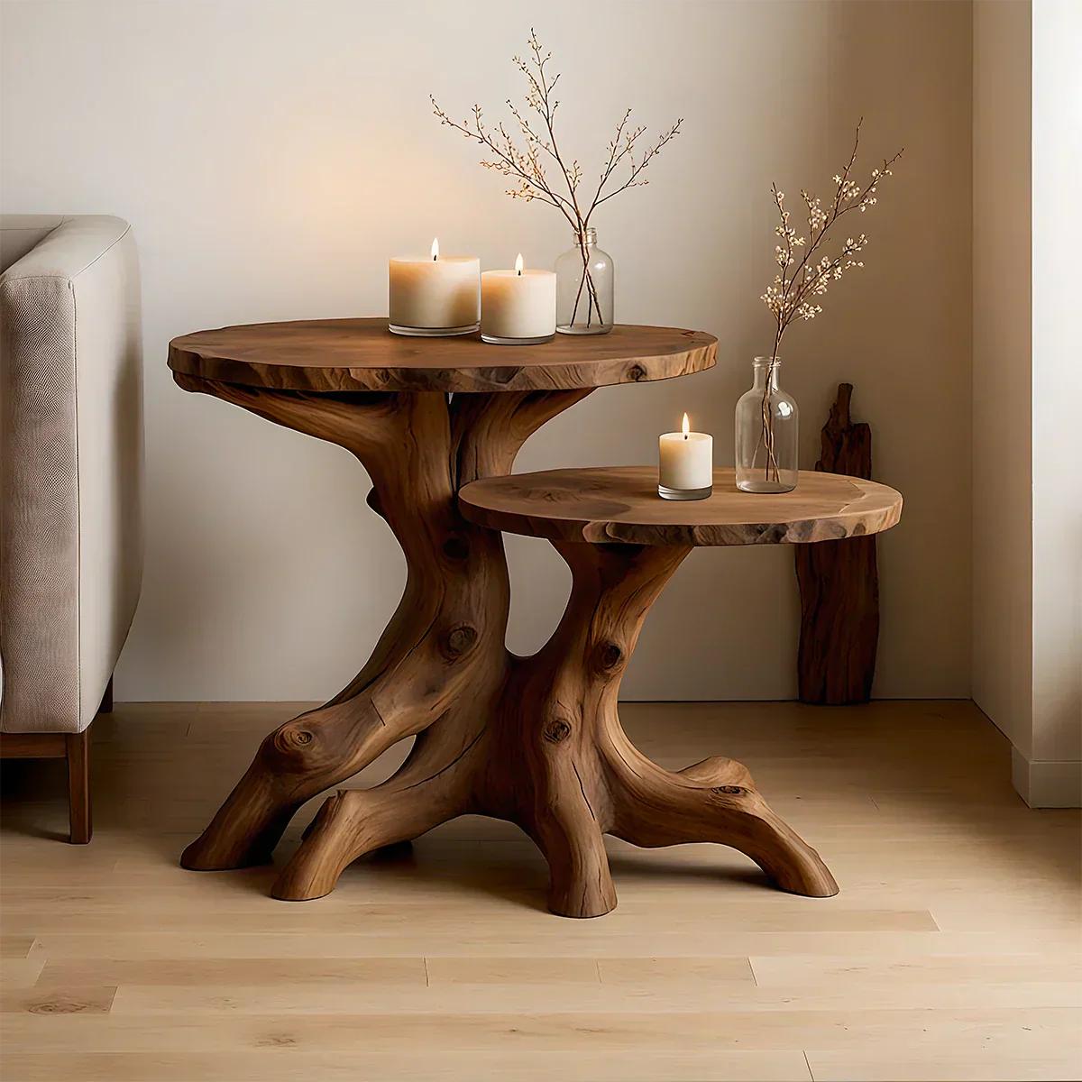Solid Wood Accent Table Set – Modern Sculptural Rooted Branchform Design - Rustiracraft