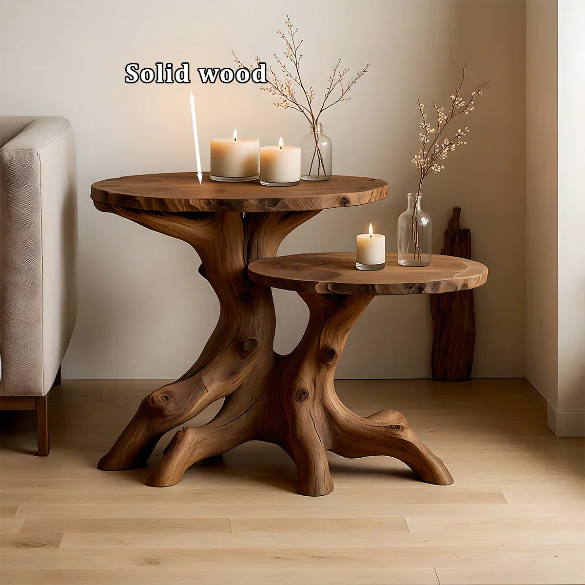Solid Wood Accent Table Set – Modern Sculptural Rooted Branchform Design - Rustiracraft