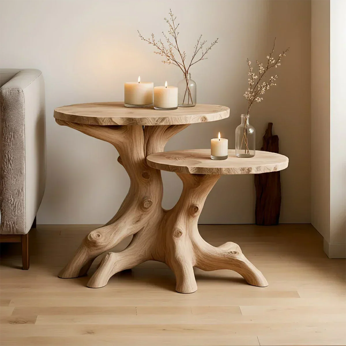 Solid Wood Accent Table Set – Modern Sculptural Rooted Branchform Design - Rustiracraft