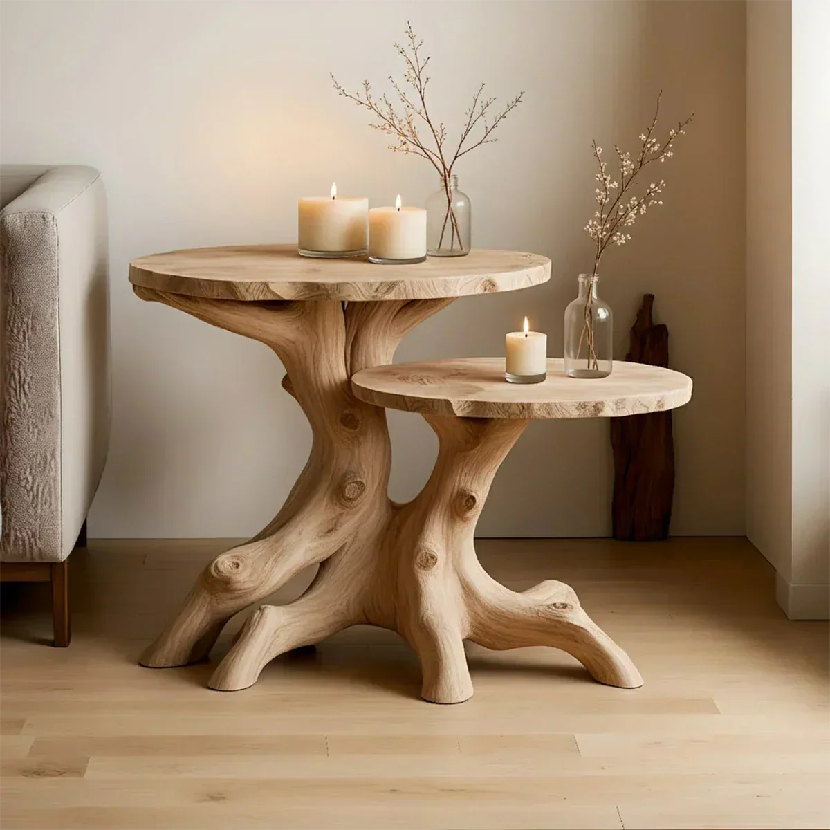 Solid Wood Accent Table Set – Modern Sculptural Rooted Branchform Design - Rustiracraft