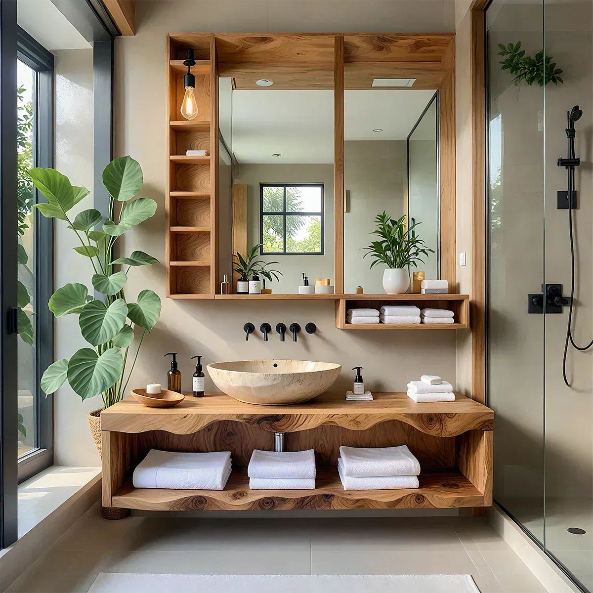 Solid Wood Bathroom Vanity with Open Shelves – Japandi Spa Console - Rustiracraft