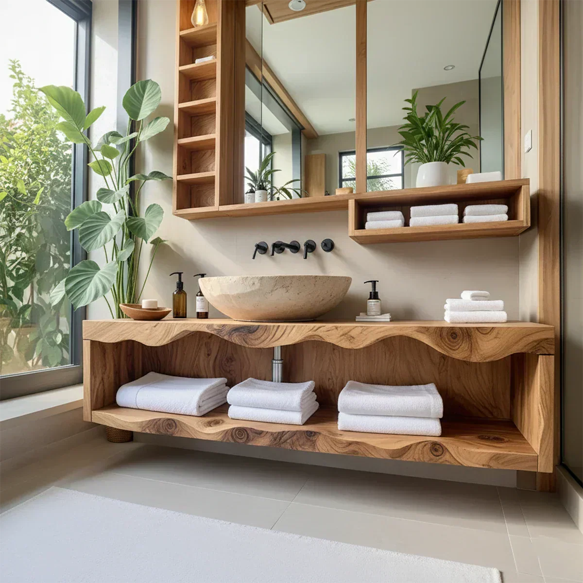 Solid Wood Bathroom Vanity with Open Shelves – Japandi Spa Console - Rustiracraft