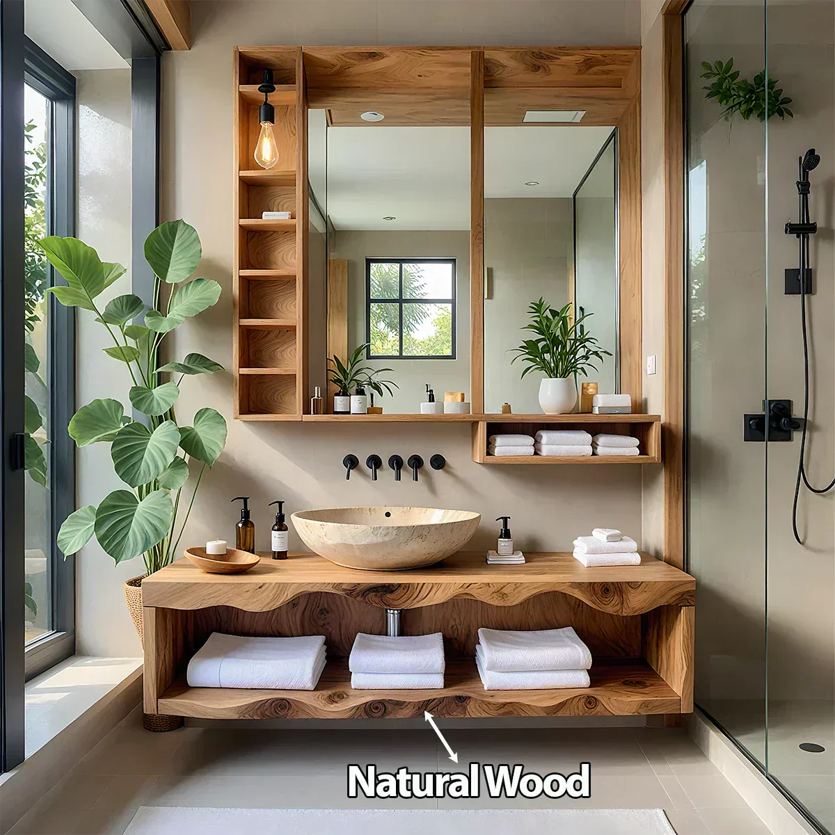 Solid Wood Bathroom Vanity with Open Shelves – Japandi Spa Console - Rustiracraft