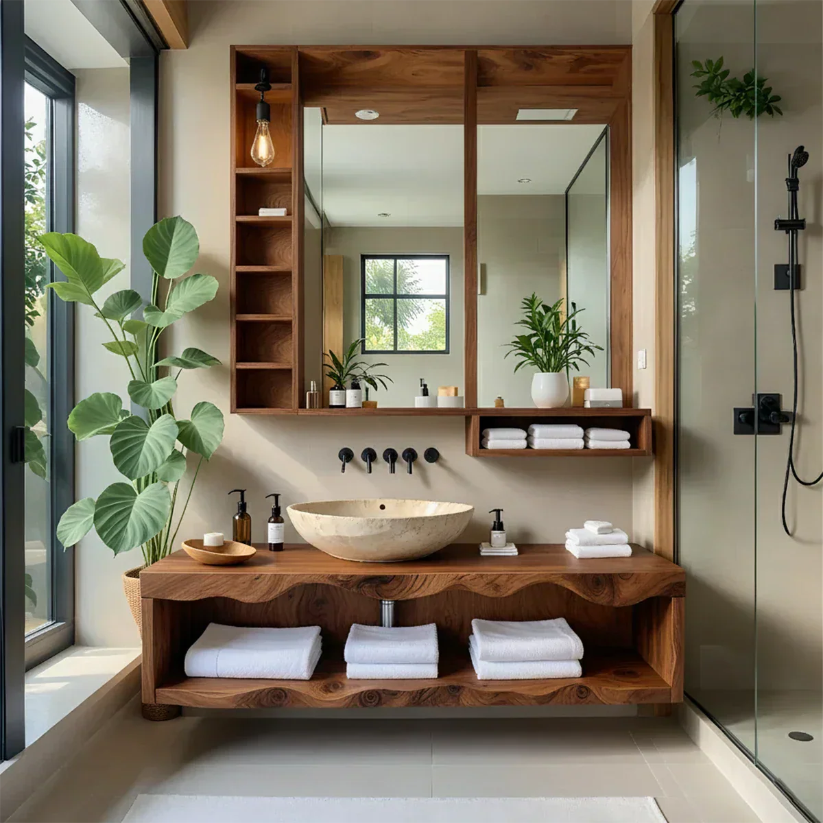 Solid Wood Bathroom Vanity with Open Shelves – Japandi Spa Console - Rustiracraft