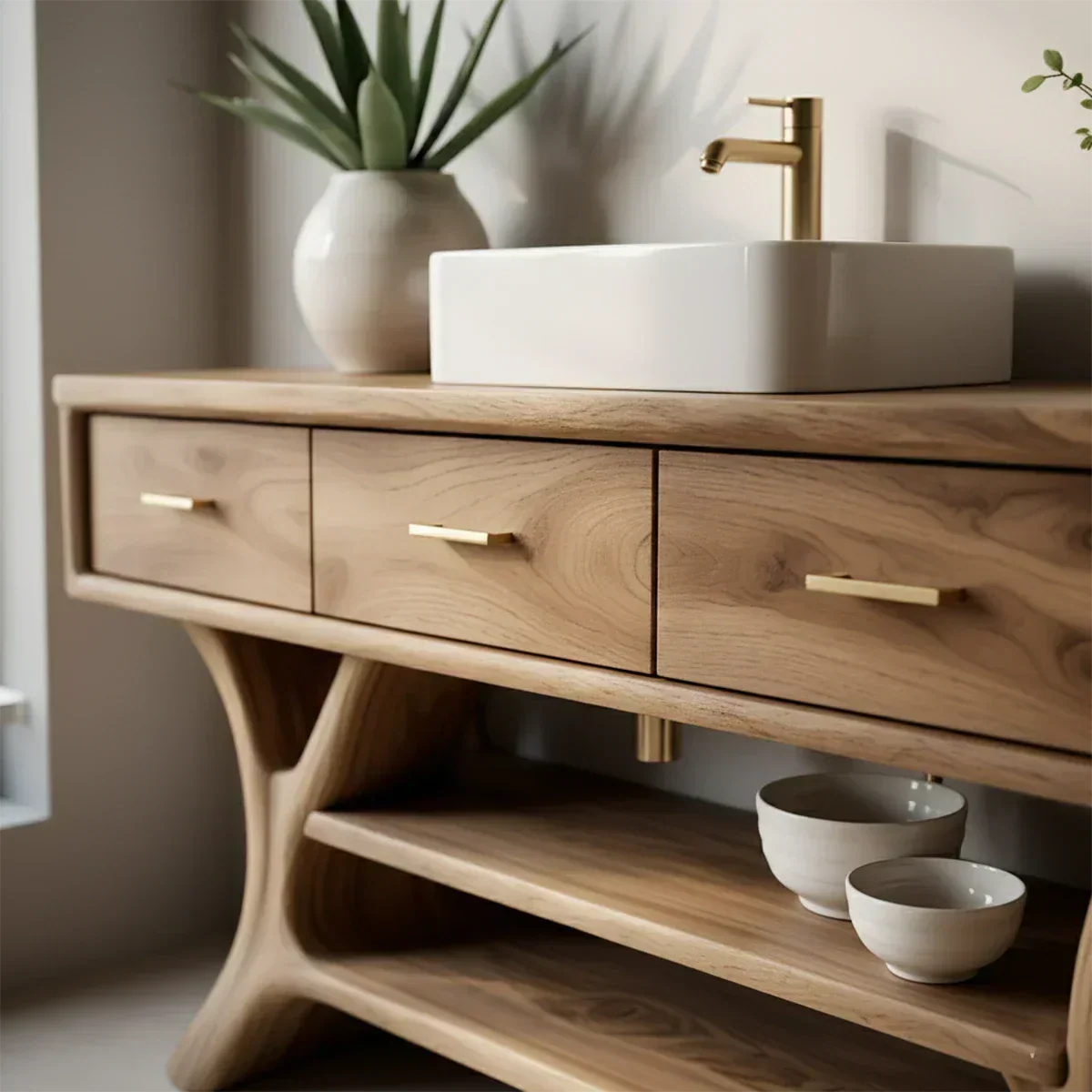 Solid Wood Bathroom Vanity with Sculpted Base & Storage Drawers - Rustiracraft