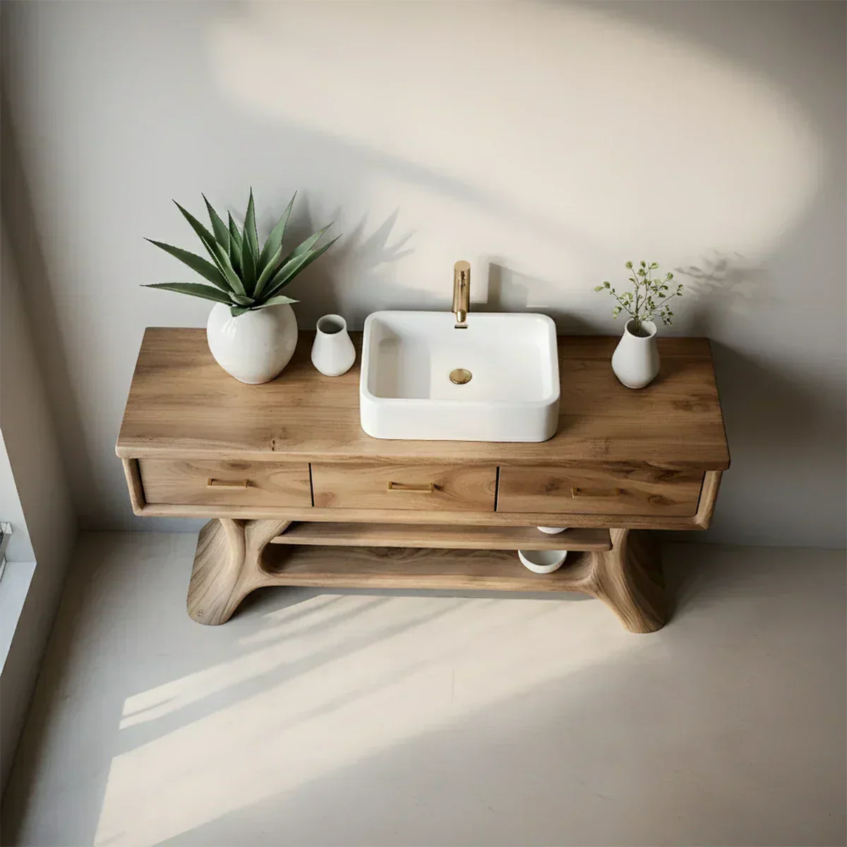 Solid Wood Bathroom Vanity with Sculpted Base & Storage Drawers - Rustiracraft