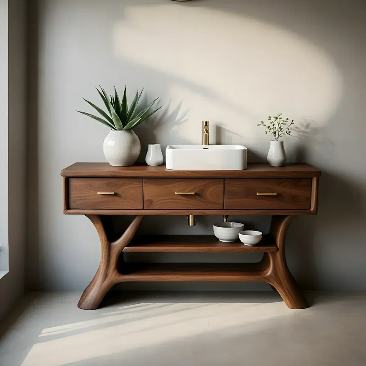 Solid Wood Bathroom Vanity with Sculpted Base & Storage Drawers - Rustiracraft