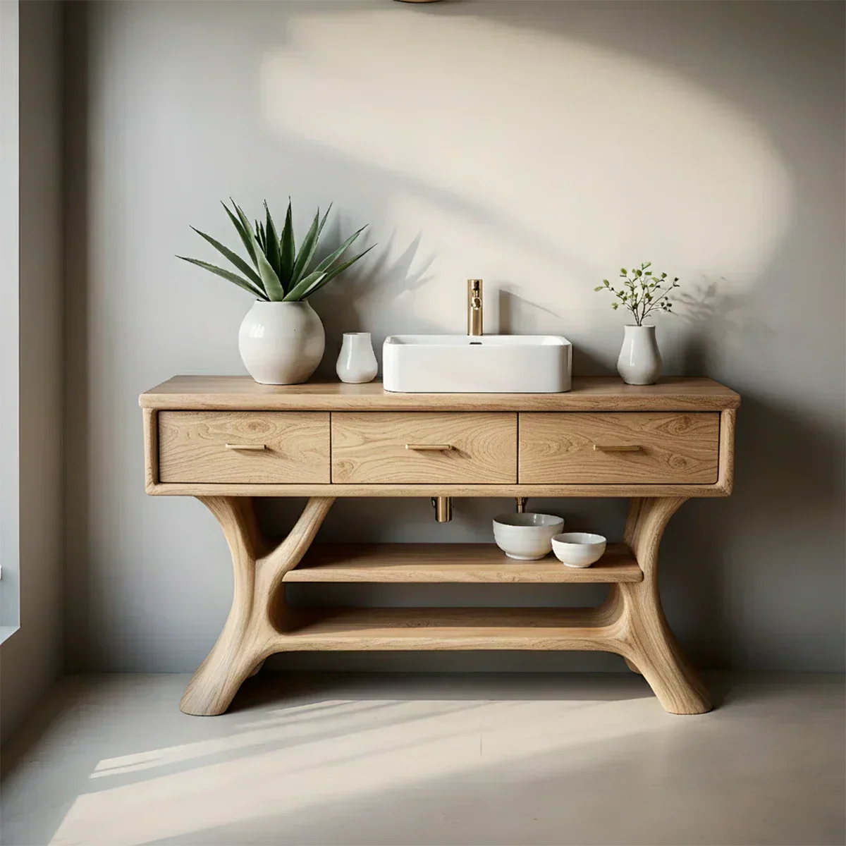 Solid Wood Bathroom Vanity with Sculpted Base & Storage Drawers - Rustiracraft