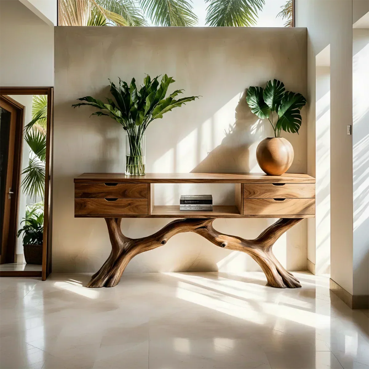 Solid Wood Console Table with Branch-Form Base & Storage Drawers - Rustiracraft