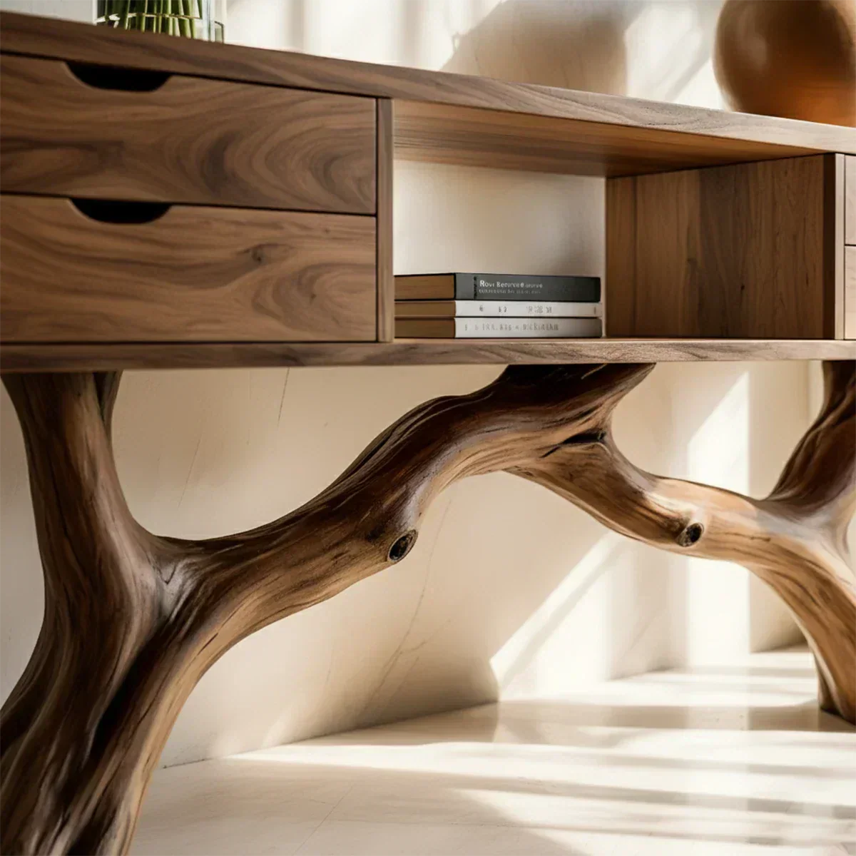 Solid Wood Console Table with Branch-Form Base & Storage Drawers - Rustiracraft