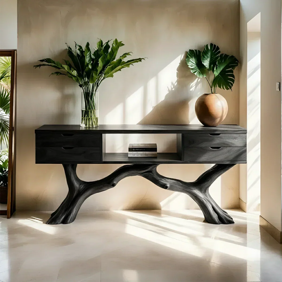 Solid Wood Console Table with Branch-Form Base & Storage Drawers - Rustiracraft