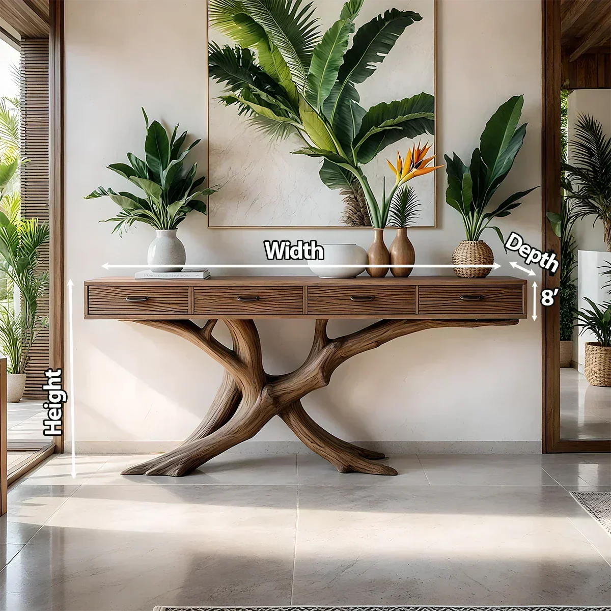 Solid Wood Console Table with Branch-Inspired Sculptural Base & Drawers - Rustiracraft