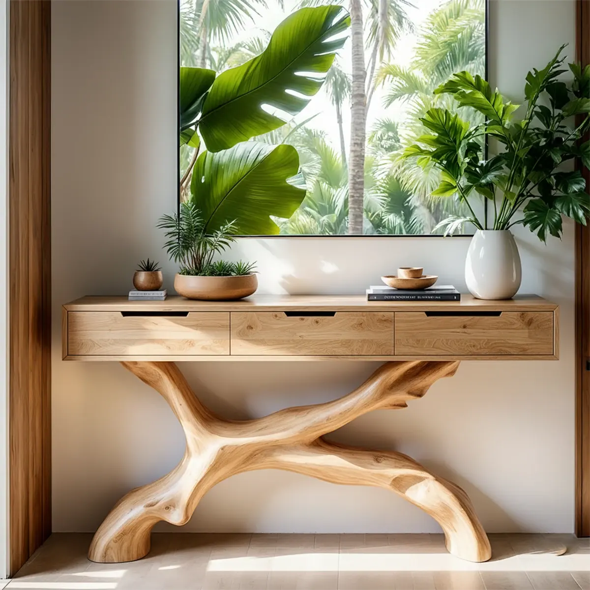 Solid Wood Console Table with Branch-Sculpted Base & Drawers - Rustiracraft