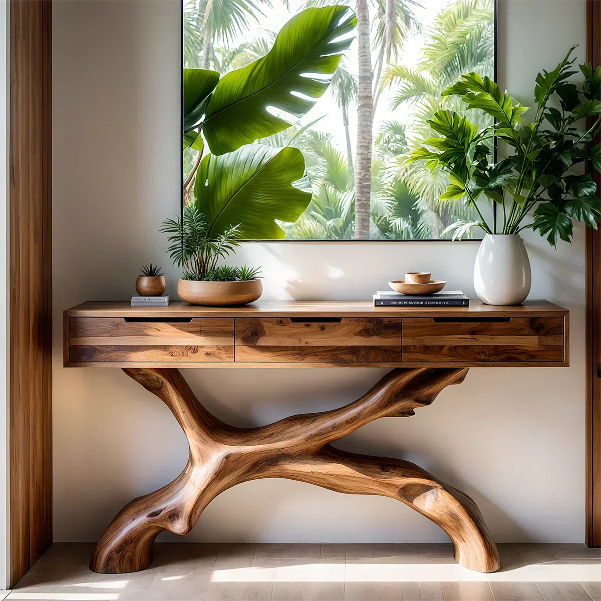 Solid Wood Console Table with Branch-Sculpted Base & Drawers - Rustiracraft